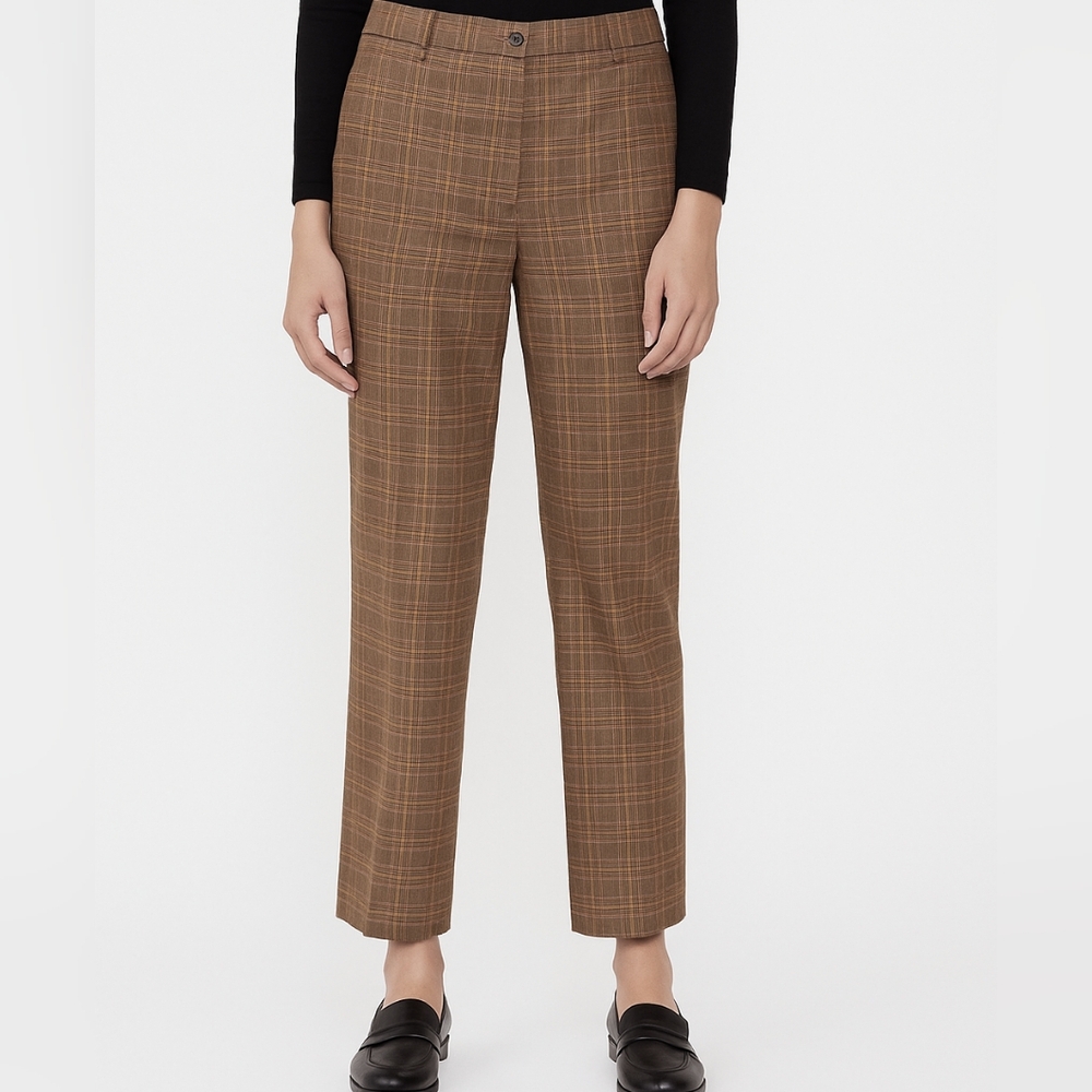 Women's Sz 44/ US‎ 10 Italian Brown Beige Plaid Work Pants Trousers Straight Leg